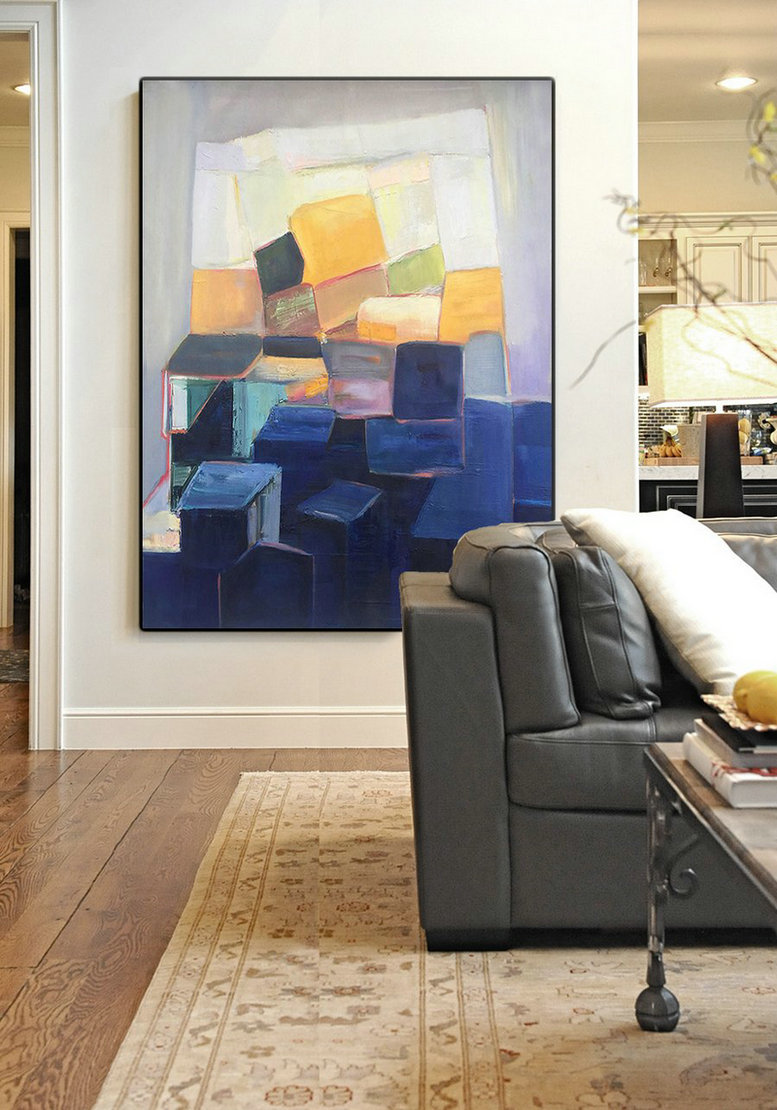 Vertical Palette Knife Contemporary Art,Large Paintings For Living Room,Grey,Yellow,Dark Blue